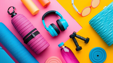 A flat lay of fitness gear including a yoga mat water bottle dumbbells and headphones on a bright colorful background. - obrazy, fototapety, plakaty