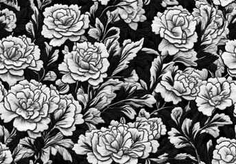 Seamless embroidery white carnations flowers pattern on black background. Generative ai