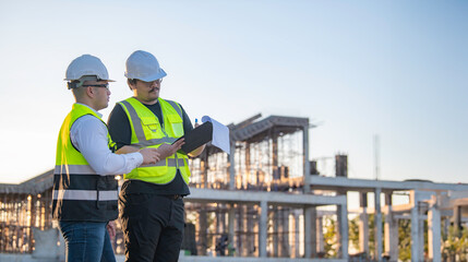 Two Asian engineer working at site of a large building project,Thailand people,Work overtime at construction site,Team of engineer discus at site