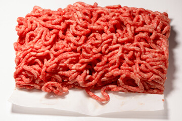 Raw minced beef close-up, top view.