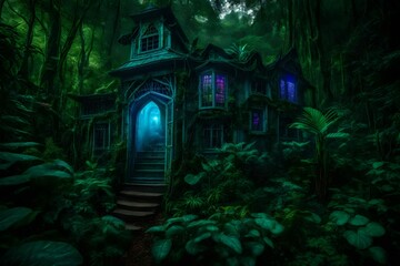 Obraz premium The haunted house, nestled within the foliage, emanates an ethereal energy