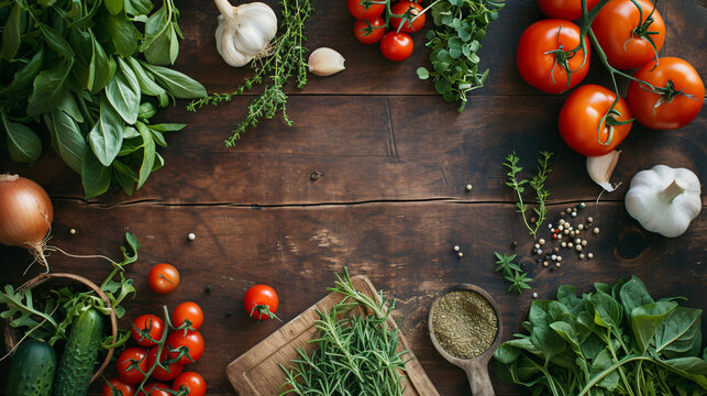 A Flat Lay Of Fresh Organic Vegetables And Herbs On A Rustic Wooden Table.