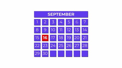 16th September calendar icon animation. Alpha matte with transparent background 4K resolution.