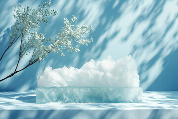 Minimal podium for cosmetic product presentation made of melting ice. Natural product present placement display, beauty product promotion mockup. Trendy minimalist natural background