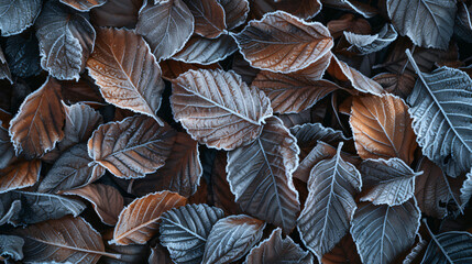 A flat lay of frost-covered leaves and twigs capturing the essence of winter.