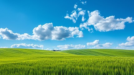 Obraz premium cinematic eye catching view green field and blue sky generated by ai