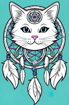 cat dream catcher. Coloring book antistress for children and adults. Illustration isolated on white background. Zen-tangle style. Hand draw