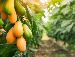 Clusters of yellow and green papayas in sunlit orchard.
