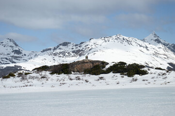People doing winter trekking, snowy Andes mountains. Ushuahia, Patagonia