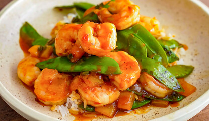 Stir fry shrimp on plate. Homemade fresh fried seafood shrimp, green peas for restaurant, menu, advert or package, close up, selective focus