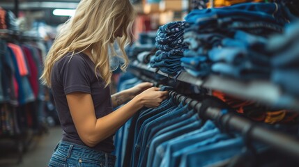 Young Woman Browsing Through Clothes at a Denim Store - obrazy, fototapety, plakaty