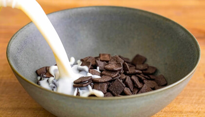 Breakfast cereal with splashing milk, healthy meal preparation. Chocolate cereal flakes in bowl for menu, advert or package, close up selective focus.