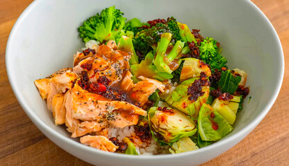 Healthy fresh salad with vegetables, chicken on plate. Homemade delicious lunch with chicken, broccoli for restaurant, menu, advert or package, close up selective focus. Top view.