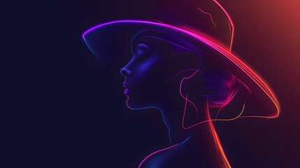 Obraz premium Glowing Contours: Neon Silhouette of a Woman in Hat