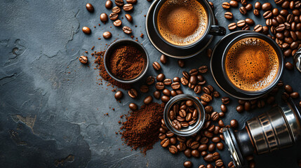 A flat lay of premium coffee beans and coffee-making accessories on a textured dark surface.