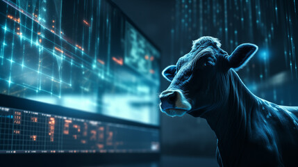 Kuh vor einem Monitor mit Daten und Diagrammen. Illustration