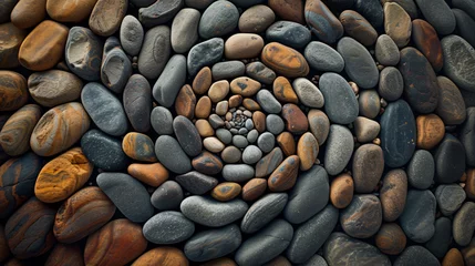 Foto auf Alu-Dibond A flat lay of river stones arranged in a spiral pattern symbolizing fluidity and balance. © Carlos