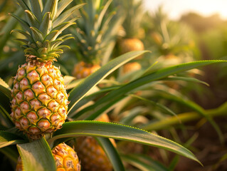 Golden hour sunlight shining on pineapples in a tropical farm.