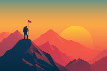 Man on the top of a mountain plants a flag and watches a beautiful sunset in the mountains. Mountain tourism and travel concept. vector illustration. - obrazy, fototapety, plakaty