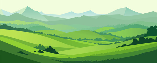 Beautiful landscape of summer green meadows, fields with trees and hills against the backdrop of mountains. Vector panoramic landscape in flat style for design.