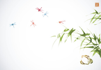 Ink wash painting of bamboo, little frog and dragonflies in flight. Traditional oriental ink painting sumi-e, u-sin, go-hua. Translation of hieroglyph - beauty