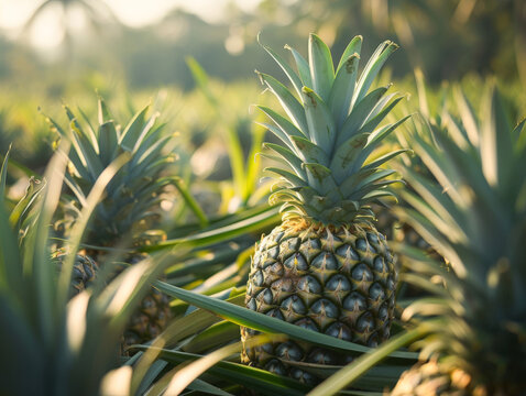 Pineapples growing in a lush farm field, basking in soft light.