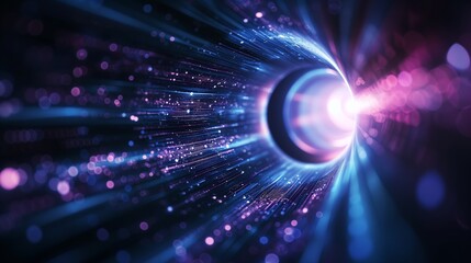 Obraz premium Cosmic background, blue and purple light lines converge into a black hole