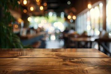 Blurred cafe and restaurant backdrop behind a wooden table