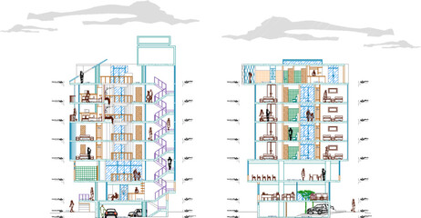 Vector sketch illustration of the technical drawing design of a modern five-star hotel section