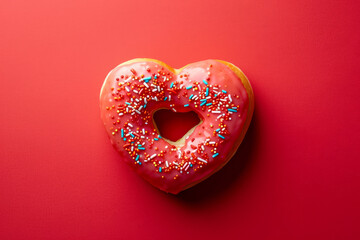 A sticky iced doughnut in the shape of a love heart for Valentine's day - obrazy, fototapety, plakaty