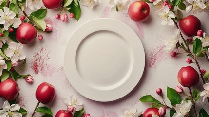 Obraz na płótnie Canvas Elegant Spring Dining Concept with Apple Blossoms and Plate