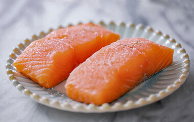 Fresh raw salmon fillet on plate. Homemade cooking salmon, serving food for restaurant, menu, advert or package, close up, selective focus - 723254855