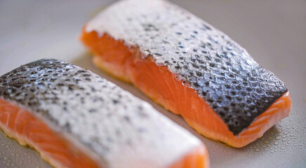 Roasted salmon fillet on plate. Homemade cooking fresh sliced salmon, serving food for restaurant, menu, advert or package, close up, selective focus - 723254884