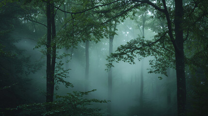 Fototapeta na wymiar A foggy morning in a forest with mist weaving through the trees and soft light.