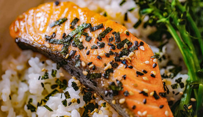 Roasted salmon fillet with rice in bowl. Homemade cooking fresh sliced salmon with greens, serving food for restaurant, menu, advert or package, close up, selective focus - 723255055