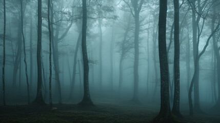 A foggy morning in a forest with mist weaving through the trees and soft light.