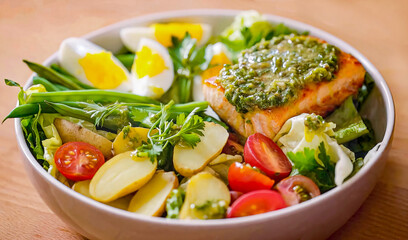 Bowl with salmon, potatoes, eggs, tomatoes and herbs, healthy eating. Delicious homemade food for restaurant, menu, advert or package, close up, selective focus - 723255070