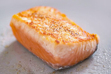 Roasted salmon fillet on plate. Homemade cooking fresh sliced salmon, serving food for restaurant, menu, advert or package, close up, selective focus - 723255075