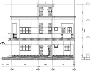 Vector sketch illustration of technical design drawing of multi-storey house view
