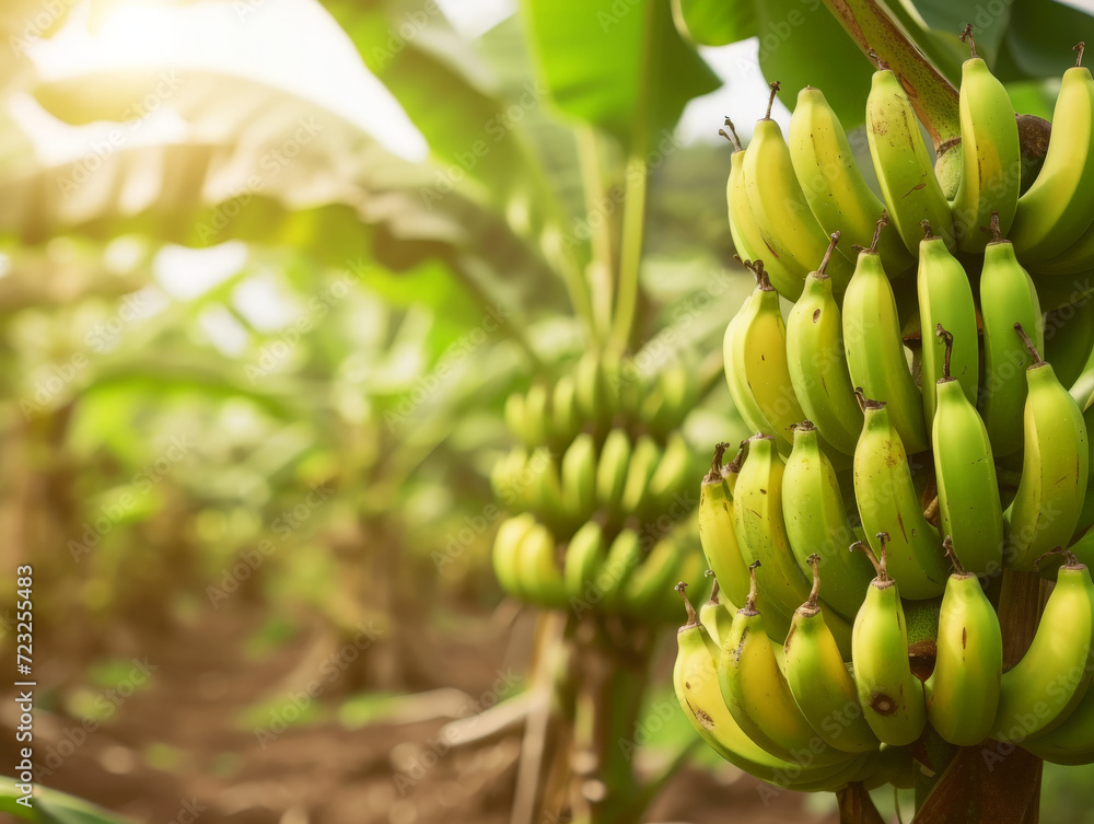 Canvas Prints A bunch of green bananas growing on a tree in the farm.