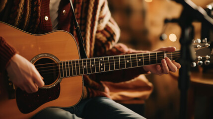 A folk singer-songwriter playing an acoustic guitar in a cozy intimate coffee shop.