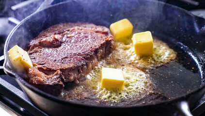 Beef steak grilled fillet meat with spices frying pan. Homemade roasted beef steak, serving food for restaurant, menu, advert or package, close up, selective focus - 723255441