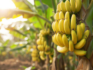  Ripe yellow bananas ready for harvest on a sunny farm.
