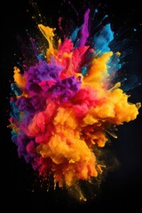 Colored powder or dust explosion isolated on black background. Freeze motion. Holi symbol