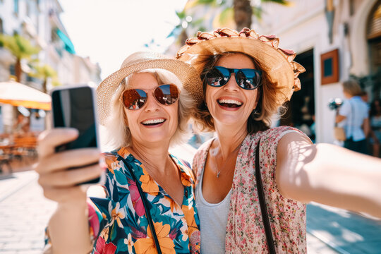 Two friends in their 50s smile happily as they take a selfie with their smartphone during a walk in the city.