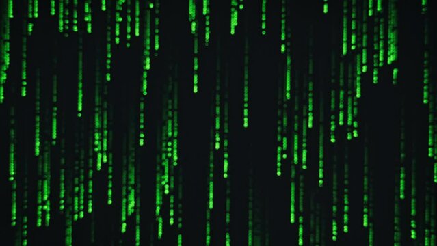 Blurred Matrix background, green digital rain on screen close-up. Glowing digits and alphabet of matrix code falling. Cyberspace technology secure. Algorithm binary, data code, decryption, encoding