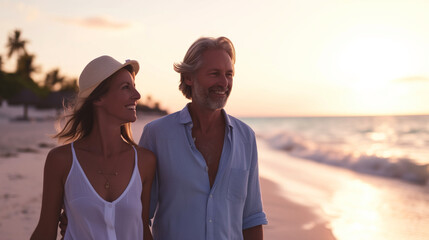 A middle-aged couple in love on vacation looks at the sunset on the beach and smiles
