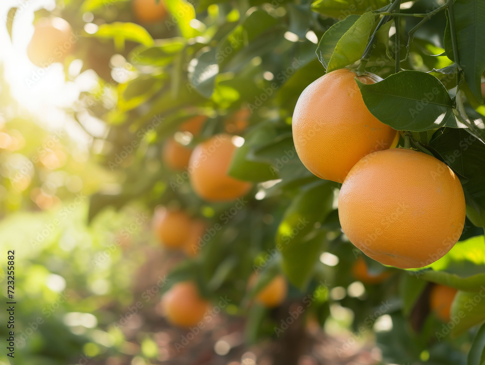 Sticker Ripe grapefruits hanging on a sunlit tree in a farm.