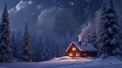 Cozy Cabin in Snowy Winter Forest at Night