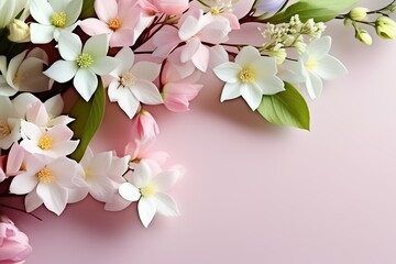 Beautiful spring flowers on pink background. Flat lay, top view